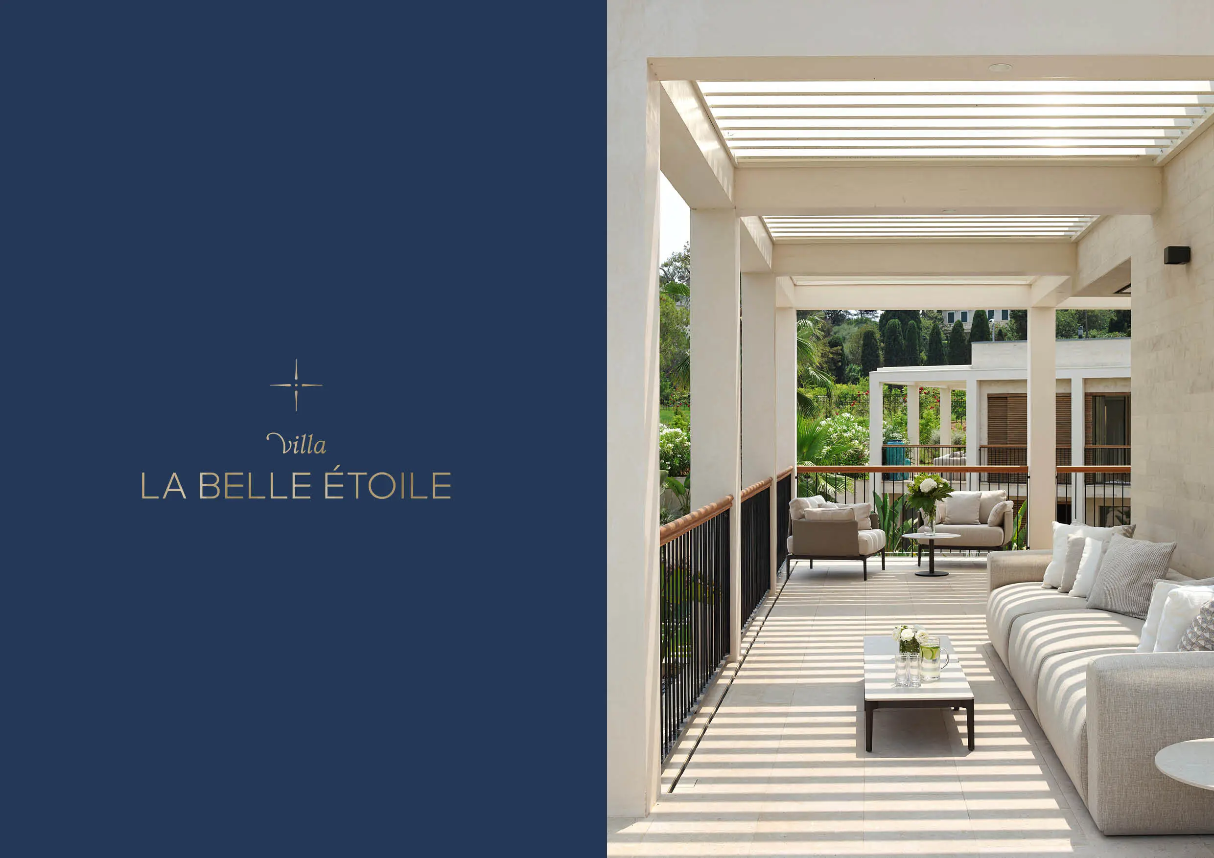 Villa La Belle Étoile covered terrace with outdoor lounge seating, pergola and Mediterranean garden views